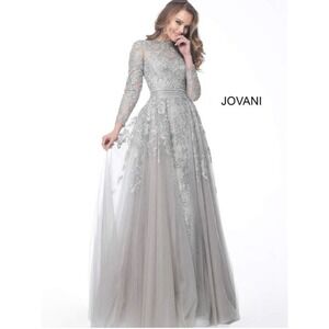 Jovani Silver Beaded Embroidered Long Sleeve Evening Gown Dress Grey Sz 12 NWT